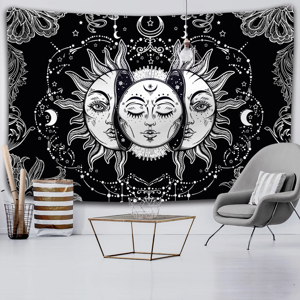 White Black Sun Moon Mandala Tapestry Wall Hanging Witchcraft Wall Tapestry Hippie Wall Carpets Dorm Decor Psychedelic Tapestry