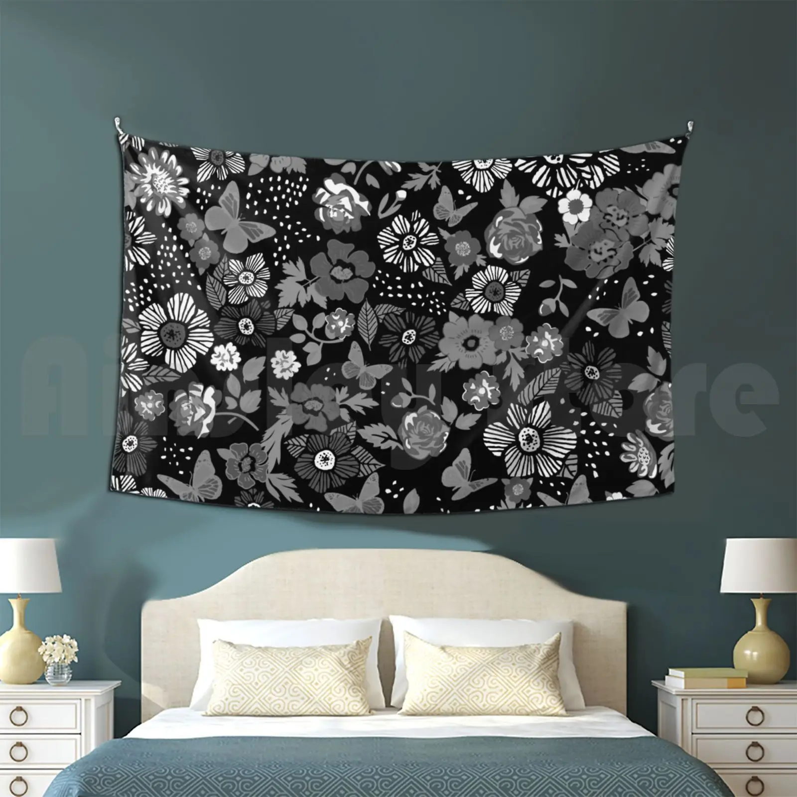 Liberty Flowers And Butterflies Black And Grey Customized Tapestry Liberty Flower Flowers Nature Pattern