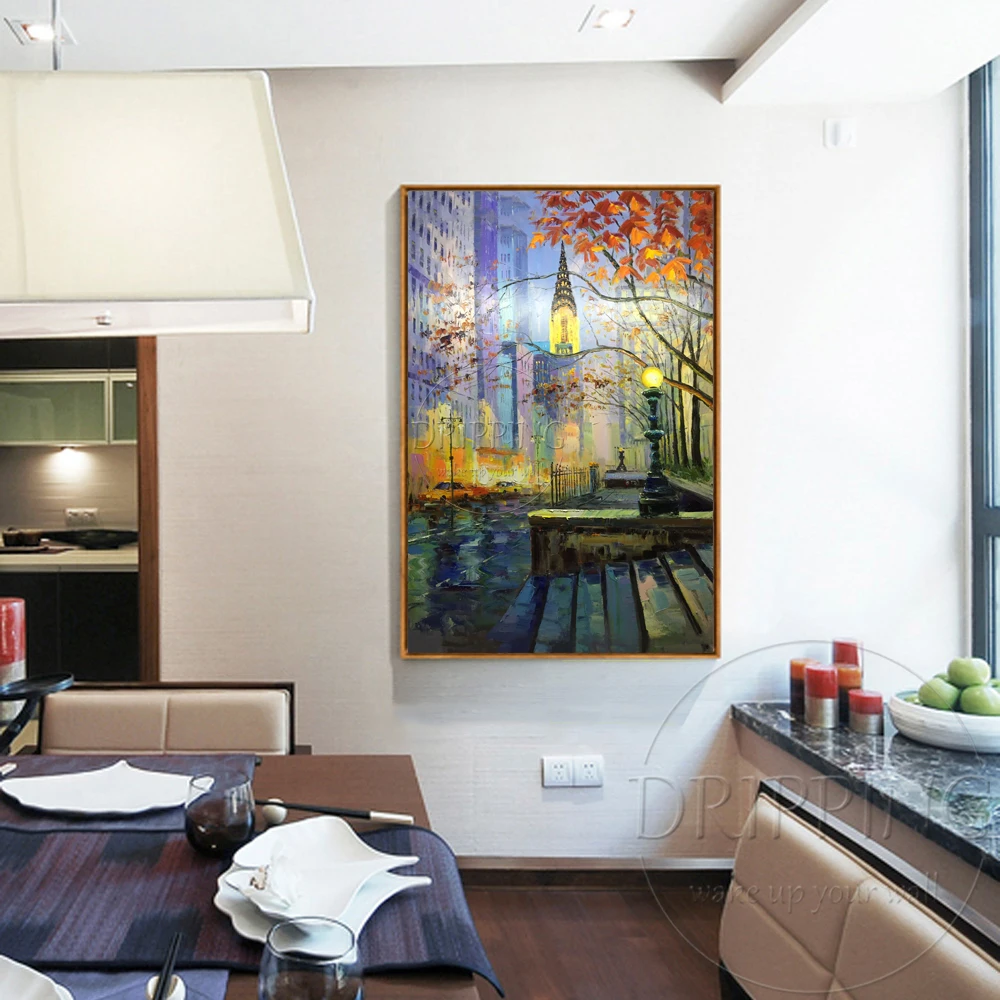 Artist Pure Hand-painted High Quality New York Street Oil Painting American Night Street View Empire State Building Oil Painting