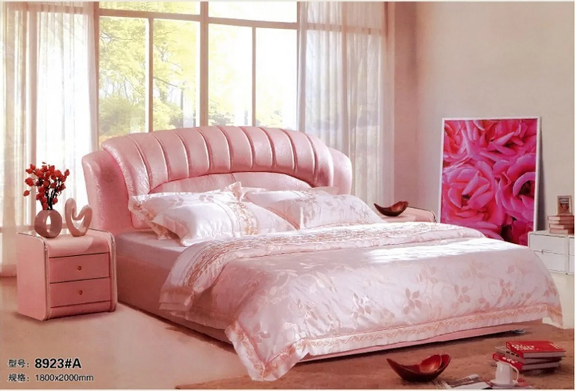 High quality factory price royal large king size Genuine leather soft bed bedroom wedding furniture soft bed 1852