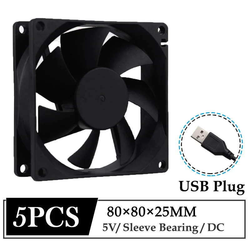 

5Pcs Gdstime DC 5V 80mm 80x80x25mm Axial Brushless USB Plug Cooling Fan Computer Case Cooler 8cm 80x25mm Center CPU Heatsink Fan