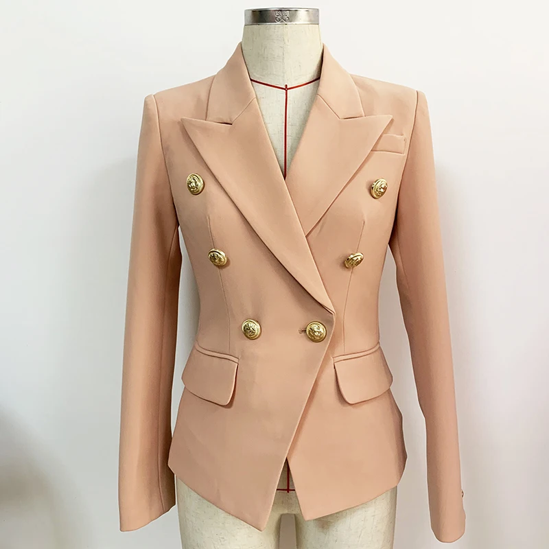 HIGH STREET Newest 2024 Designer Jacket Women\'s Lion Buttons Classic Double Breasted Slim Fitting Blazer Nude