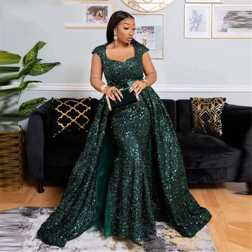 Robe De soirée De forme sirène, tenue De soirée De standing, avec traîne détachable, en paillettes, vert foncé, style arabe dubaï, 2022