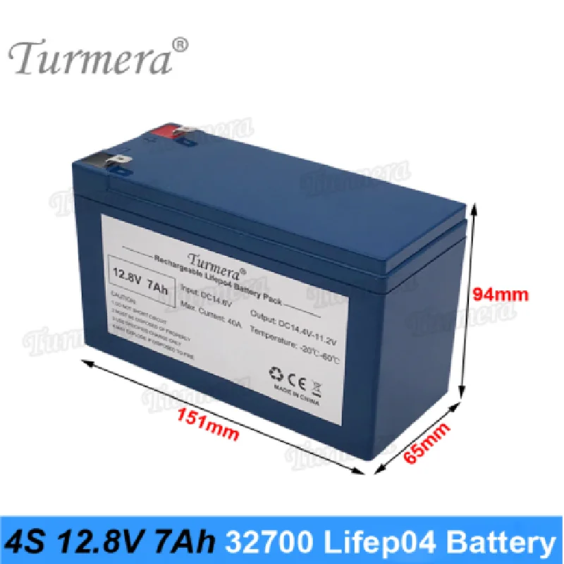 Lifepo4 Battery Pack 32700 4S1P 12.8V 7Ah with 4S 40A Balanced BMS for Electric Boat and Uninterrupted Power Supply 12V Turmera