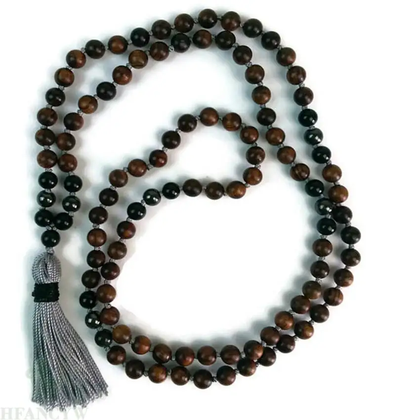 

8MM 108 Sandalwood obsidian hematite Gemstone Mala necklace Buddhism pray energy Lucky spirituality Chakas cuff Meditation yoga