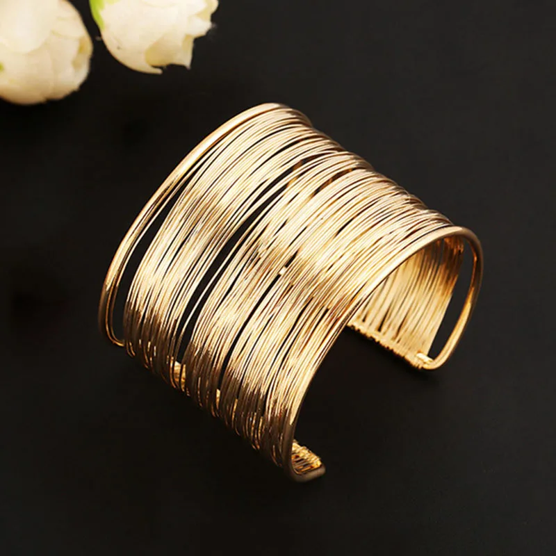 

Punk Multilayer Metal Wires Strings Bracelets Bangles For Women Vintage Exaggerated Gold Color Wide Open Cuff Bangles Jewelry