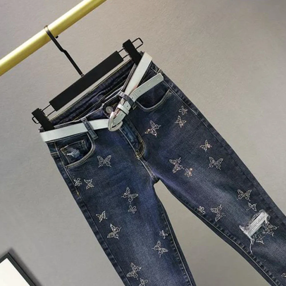 Jean déchiré taille haute pour femme, pantalon crayon en denim délavé, papillon perlé, mode décontractée