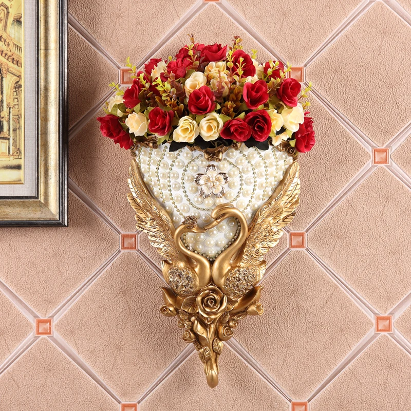 European Luxury Diamond Resin Wall Vase+Artificial Flower Set Figurines Home Wall Mural Livingroom Furnishing Decoration Crafts