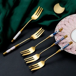 1Pc Chic Stainless Steel Fruit Fork Golden Ceramic Handle Dessert Cake Forks Vintage Cultery Dinner Service Dinnerware Tableware