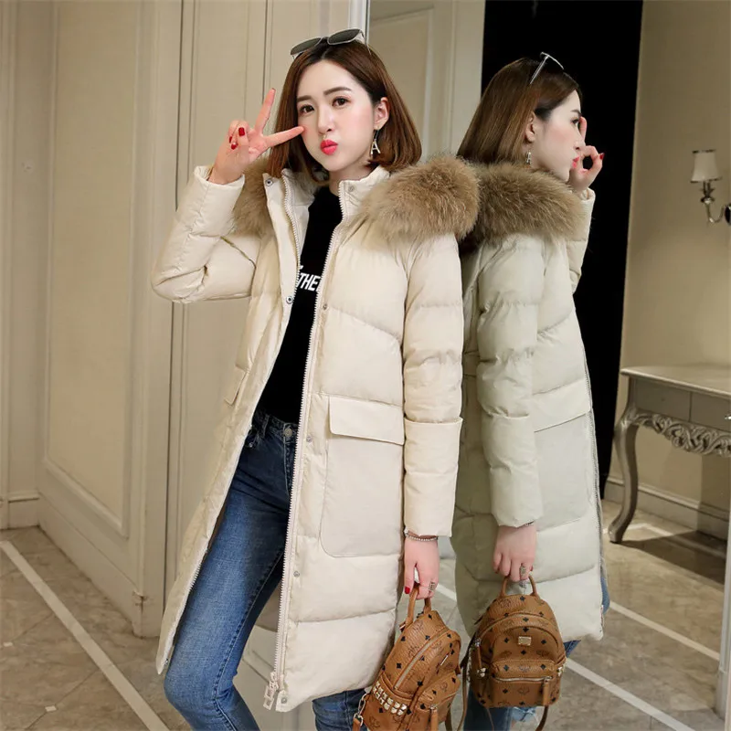 Winter Coat Women Korean Fur Hooded Jackets Nice Pop Vogue Loose Long Slim Black Beige Chic Down Cotton Warmth Clothing LD1229