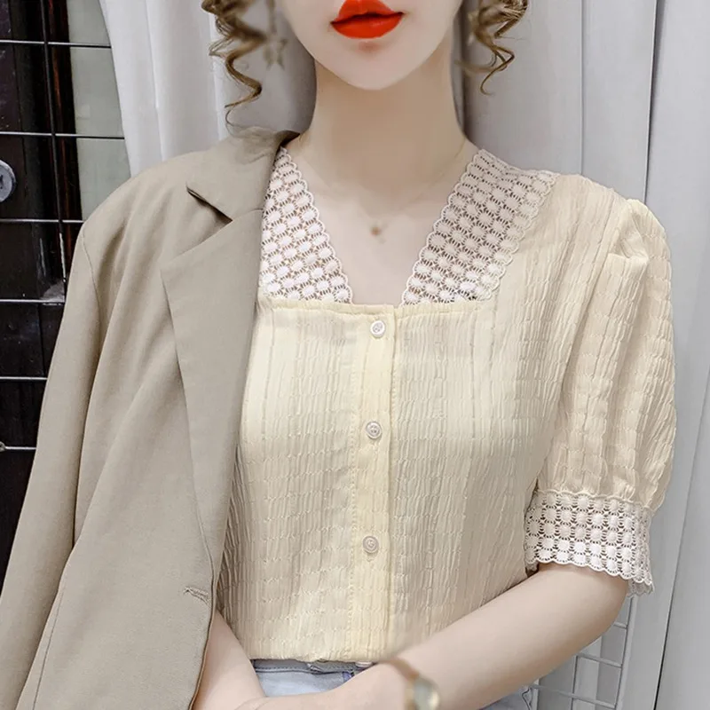 Summer Women V-neck Shirt Single Breasted Pleated Bubble Sleeve Lace Blouses Tops