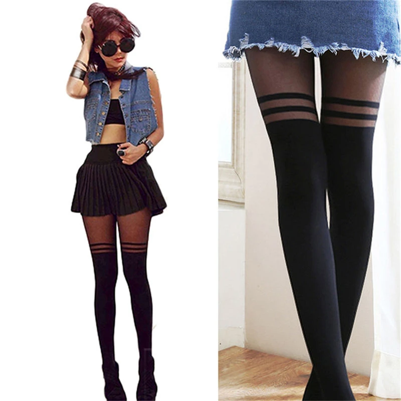 Black Women Temptation Sheer Mock Suspender Tights Cat Pantyhose Stockings Cool Mock Over The Knee Double Stripe Sheer Tights