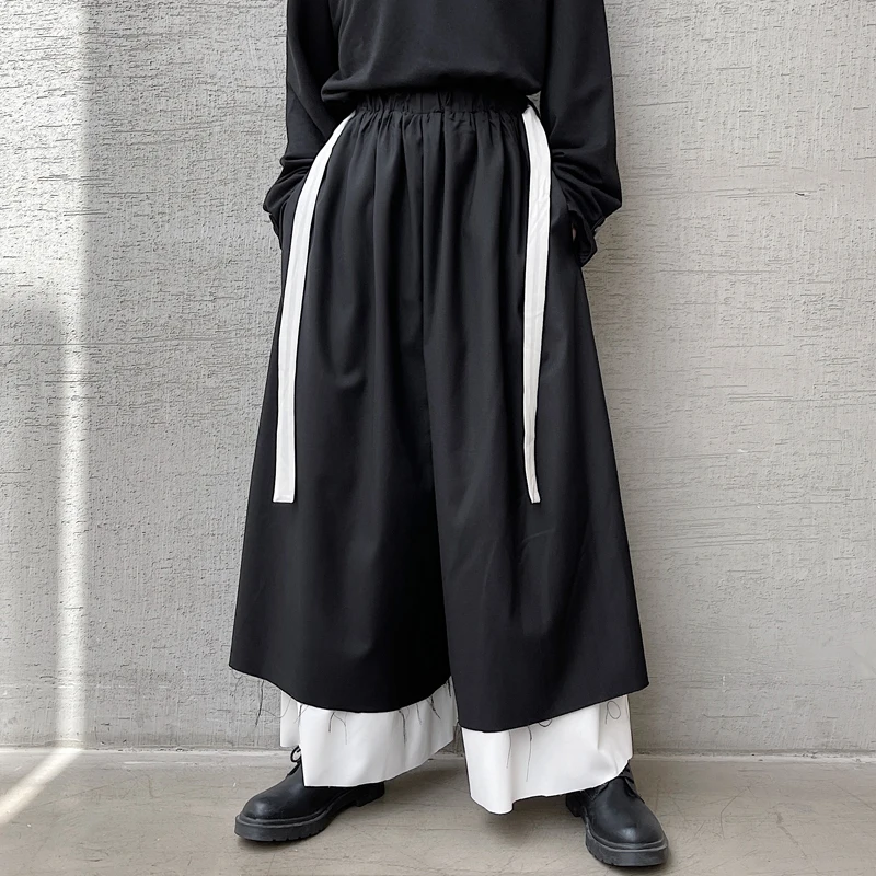 Men's Wide Leg Pants Autumn Dark Hairstyle Wide Leg Pants Men's Black And White Contrast Color Imitation Two-Piece Casual Pants