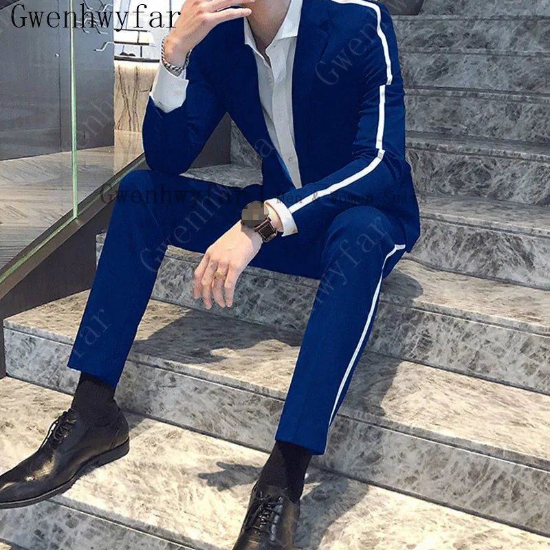 

Gwenhwyfar New Fall Men Suit for Youth Tide Jacket With Pants Trim On Side 2 Piece Suit of Cultivate One's Morality Leisure Suit