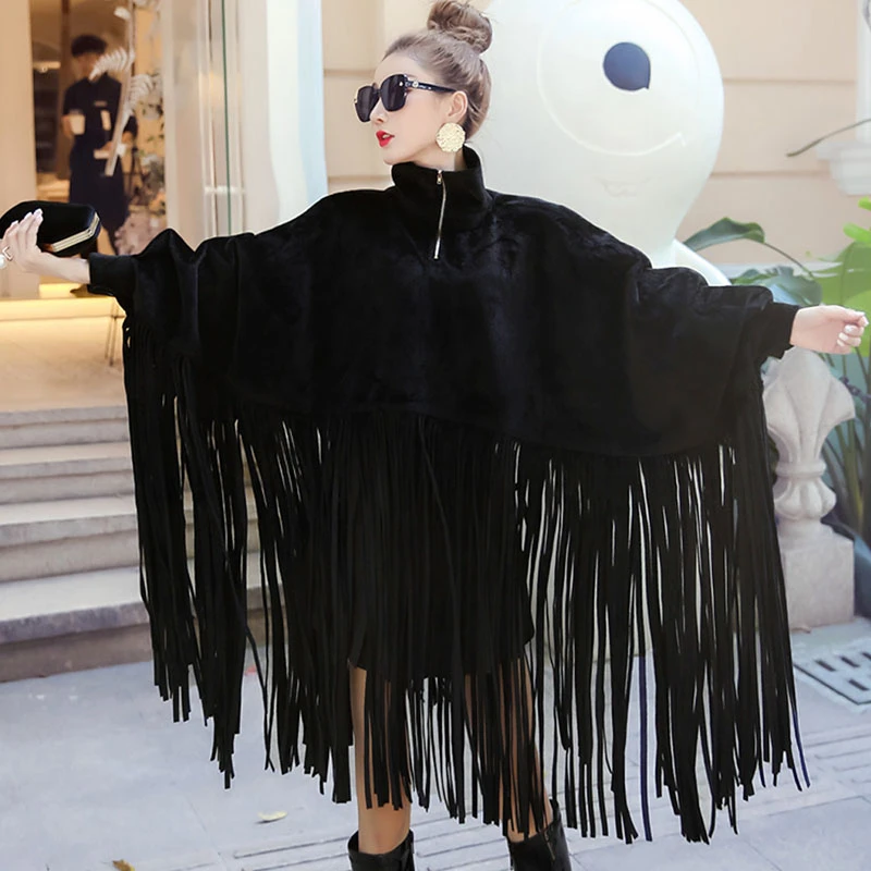 

2021 New Spring Autumn Black Jacket Women Loose Tassels Turtleneck Long Sleeve Women Cape Coat Women Fashion Plus Size Ponchos