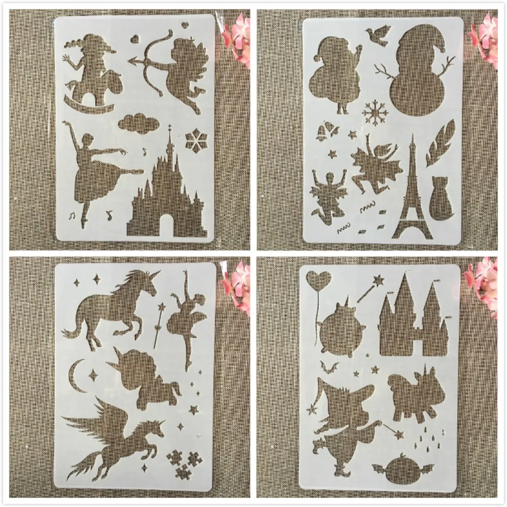 4Pcs A4 29cm Magic Castle Snowman DIY Layering Stencils Wall Painting Scrapbook Coloring Embossing Album Decorative Template