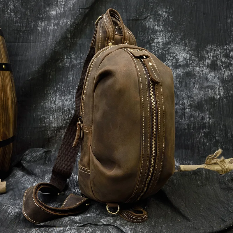 High Fashion Men Sling Bag vintage Chest bag men Solf Real Leather 100% Cowhide Crossbody Bag Cell Phone Ipad Chest Pack Male