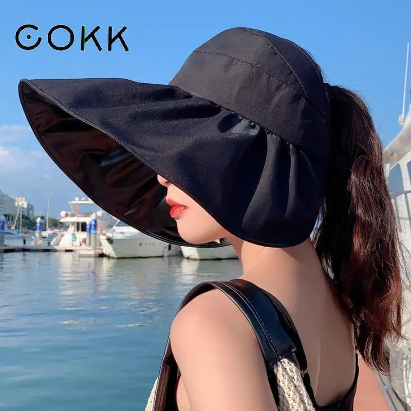 

COKK Summer Hat Women Butterfly Printing Big Brim Outdoor Sunscreen Uv Protection Foldable Empty Top Sun Hat Female Travel Beach