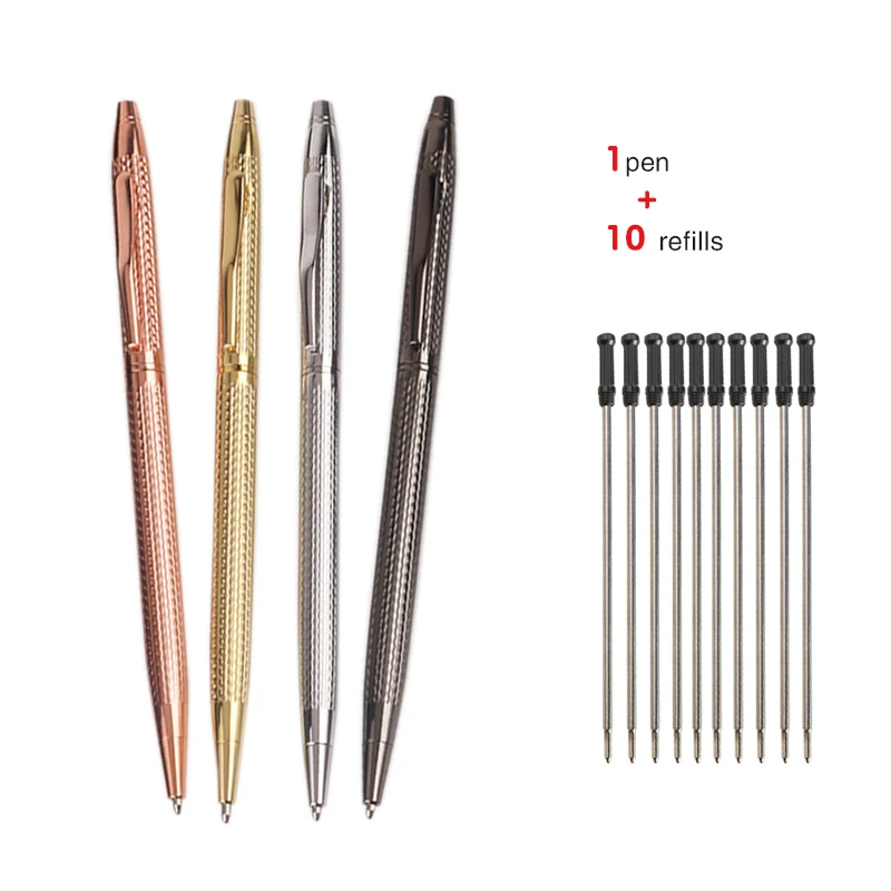 

1 Pen+10 Refills Metal Rotary Ballpoint Pen Wire Drawing Neutral Pen Business Hotel Advertising Gift Office Stationery Pen