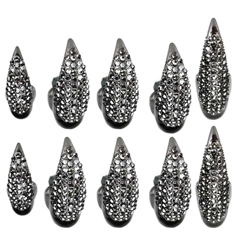 10 PCS Halloween Costume Claws Fake Nails Ring Set Gothic Punk 3 Sizes Crystal Full Finger Rings Paved Paw Bend Fingertip Claw