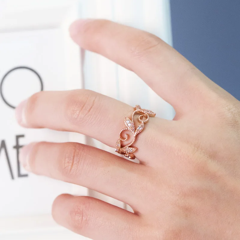 Cute Romatic Rose Gold Color Engagement Ring Creative Vine Leaves Fingure Rings For Lady Girls Party Wedding Ring Jewelry