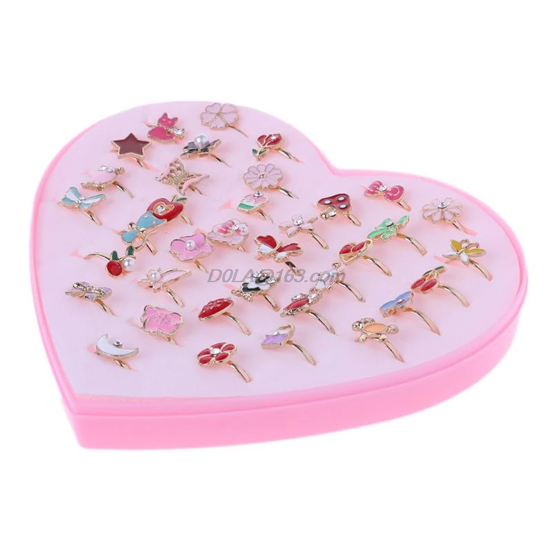 36pcs Children kids rings Little Girl Makeup Jewelry Adjustable Rings in Box, Girl Pretend Play and Dress up Rings Random Shape