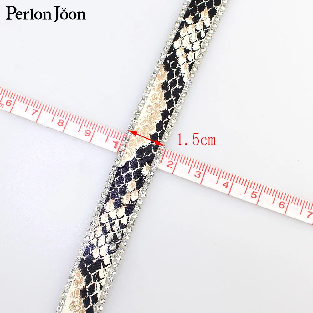 1 yard Leopard Python printing Leather hot fix tape ribbon crystal rhinestone decoration iron on shoes clothing accessories