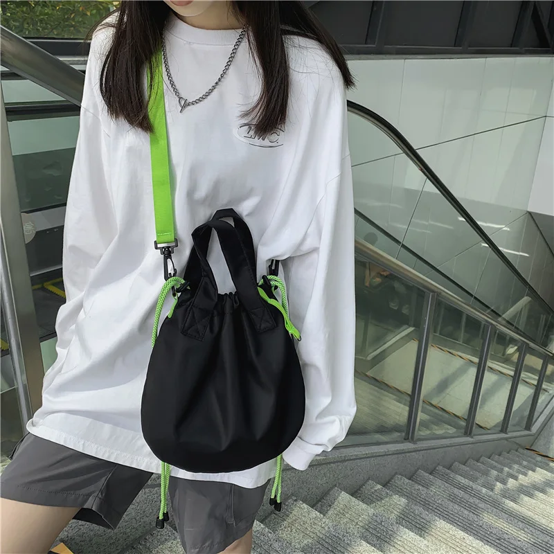 Drawstring Messenger Bag Niche Design Bag Couple Fashion Brand Nylon Harajuku Student Hit Color Shoulder Bag Female