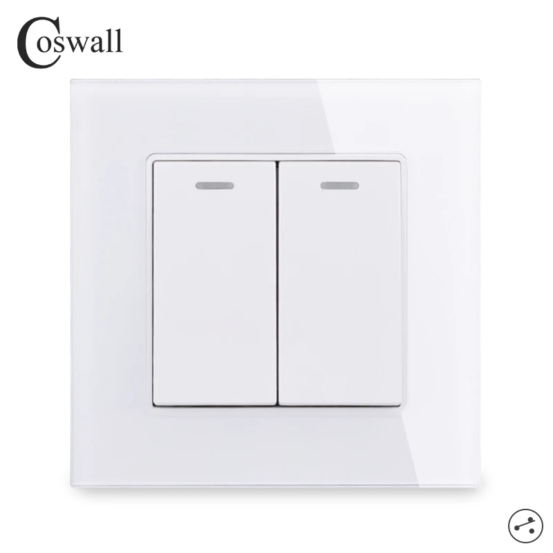 COSWALL Crystal Glass Panel 2 Gang 2 Way On / Off Pass Through Stair Rocker Wall Light Switch Switched 16A C1 Series