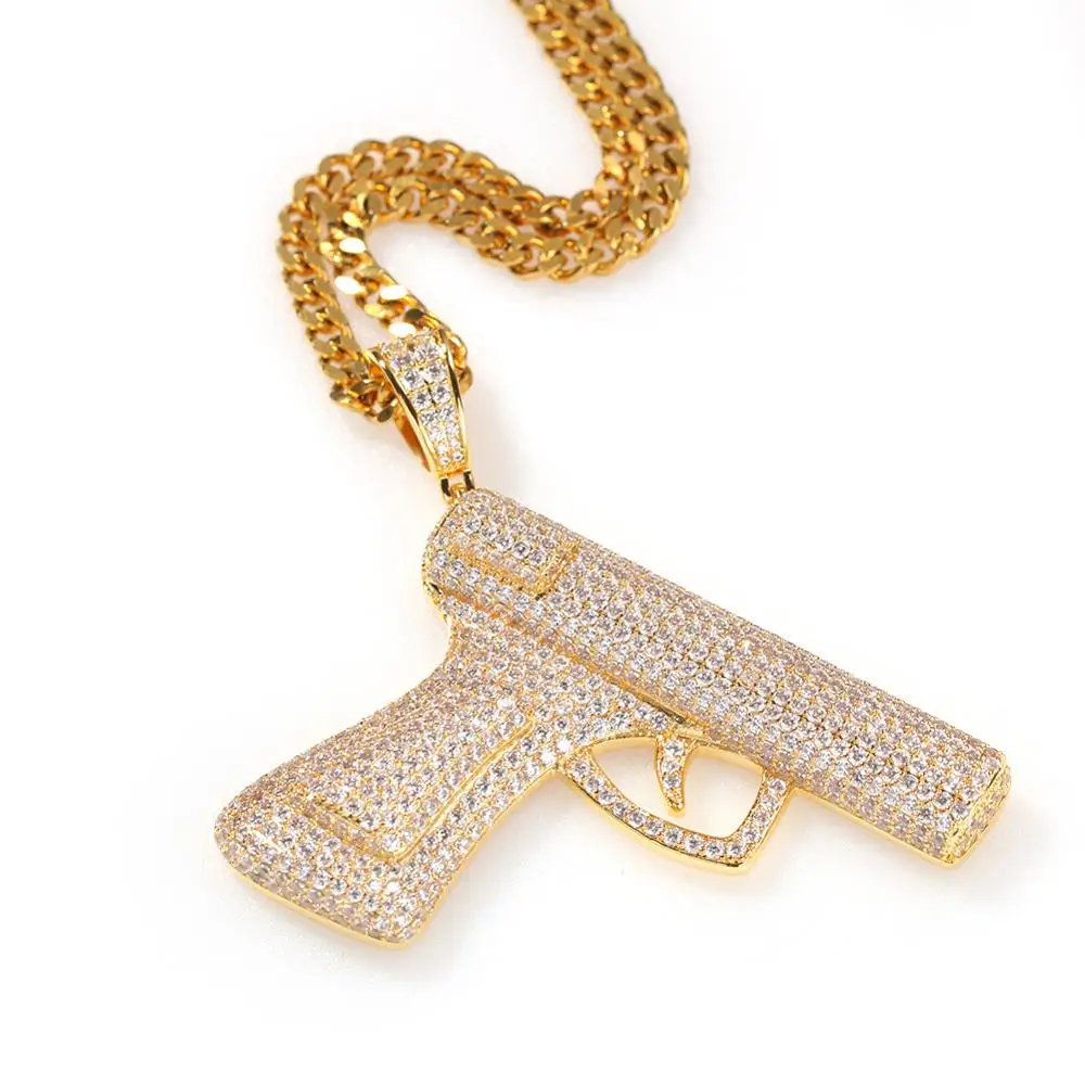 Hip Hop Paved Full AAA Cubic Zirconia Bling Ice Out Handgun Pendant Necklaces for Men Jewelry Fashion Gifts Gold Silver Color