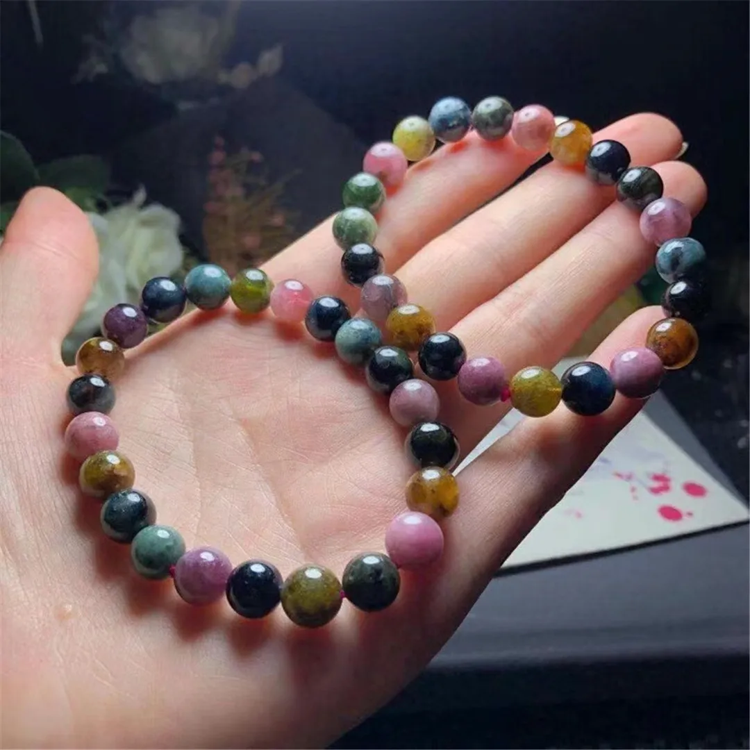 

8mm Natural Rainbow Tourmaline Quartz Bracelet Jewelry For Women Lady Men Healing Love Gift Crystal Beads Gemstone Strands AAAAA