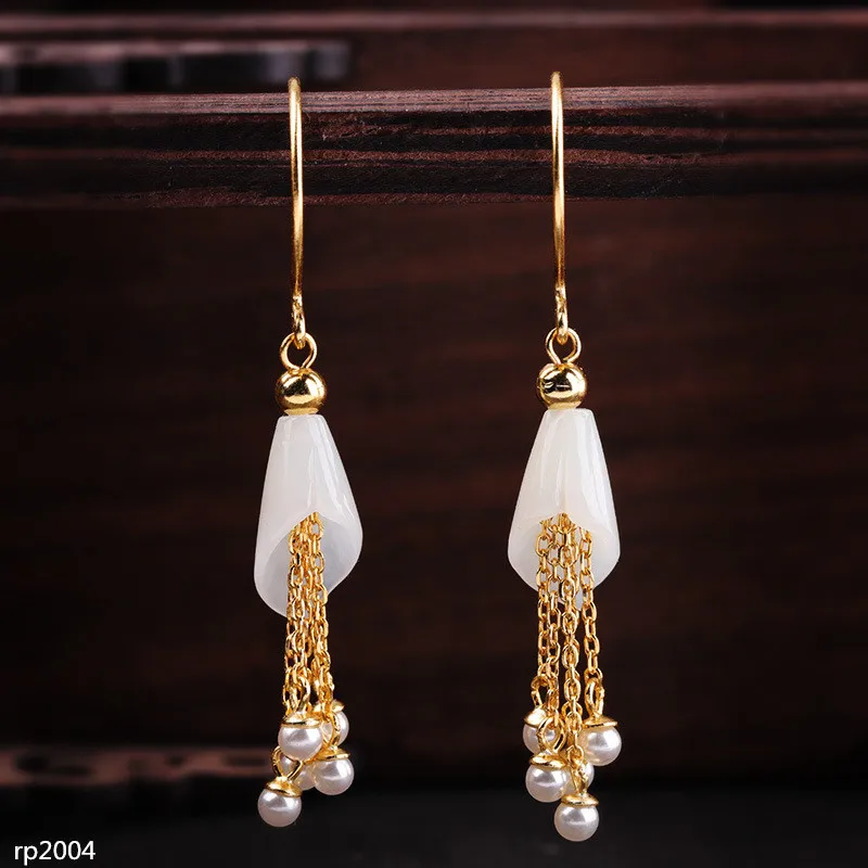 

KJJEAXCMY boutique jewelry S925 sterling silver gold-plated women's flower Hetian jade earrings new tassel