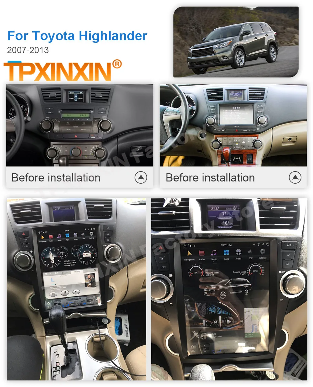 Carplay 2 Din Android9 Tesl- Stereo For Toyota Highlander 2007 2008 2009 2010 2011 2012 2013 GPS Video Receiver Player Head Unit