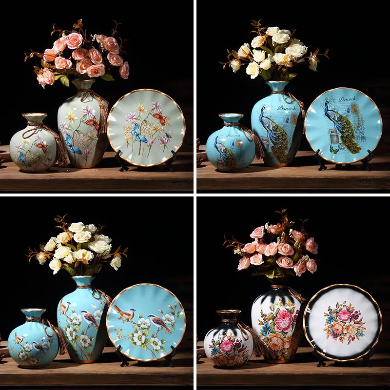 3Pcs/Set Ceramic Vase Dried Flowers Arrangement Wobble Plate Living Room Entrance Ornaments Home Decorations