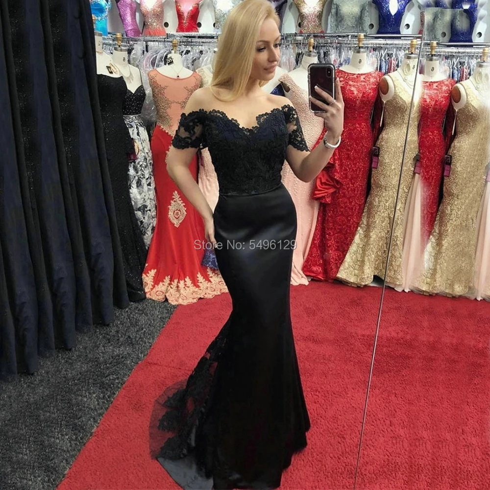 Excellent Dark Navy Mermaid Evening Dresses Long Off Shoulder Applique Satin Black Evening Prom Gowns Short Sleeve Party Dress