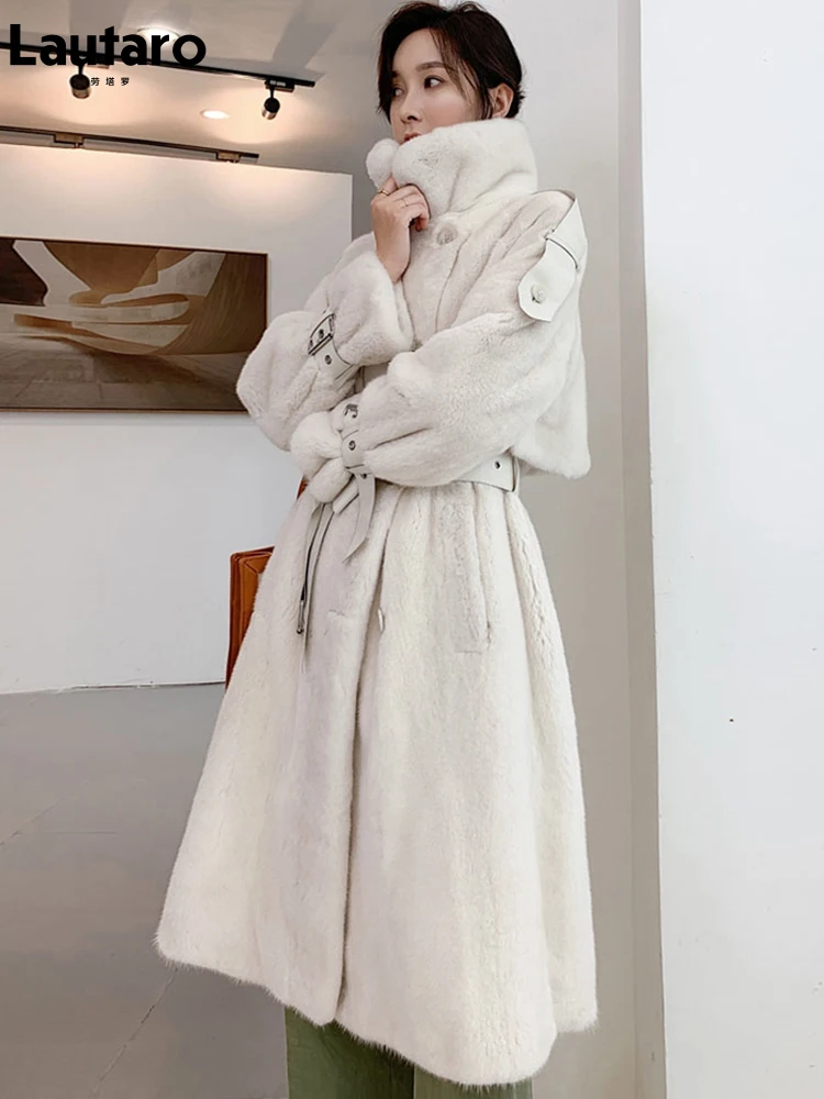 Lautaro Winter Long White Thick Warm Soft Fluffy Faux Mink Fur Trench Coat for Women Double Breasted British Style Fashion 2021