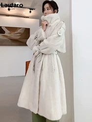 Lautaro inverno longo branco grosso quente macio fofo falso pele de vison trench coat para mulher duplo breasted estilo britânico moda 2021