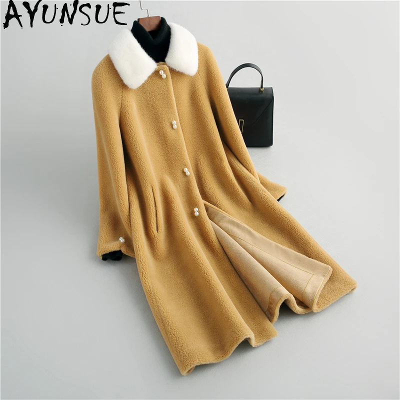 

AYUNSUE Real Mink Fur Collar Jacket Women Winter 2021 Elegant Sheep Shearling Coat Female Wool Jackets Jaqueta Feminina Gxy584