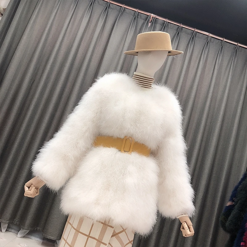 Real fur coat medium length turkey feather hand sewn solid color warm top with cotton lining suitable for temperature 0 ℃ - 10 ℃