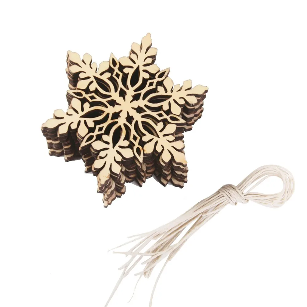 10pcs Unfinished Natural DIY Wood Slice Xmas Ornaments Cut Wood Slices Tags Snowflake Cutout for Holiday Season