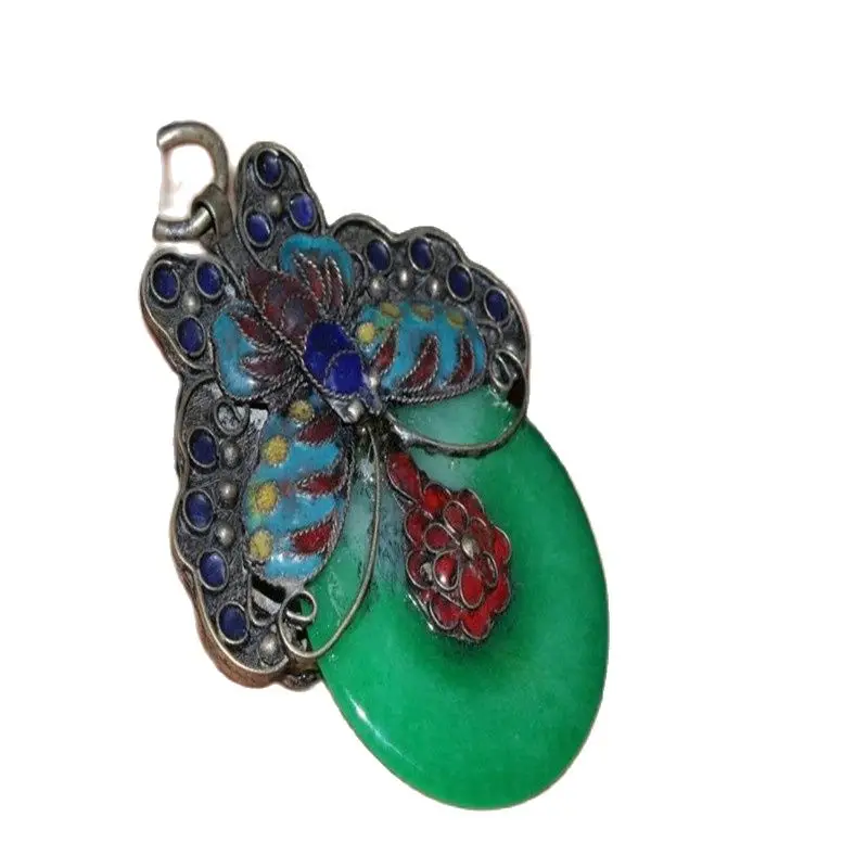 

China Folk Old Tibetan Silver Cloisonne Butterfly Inlaid With Greenstone Jade Safety Pendant