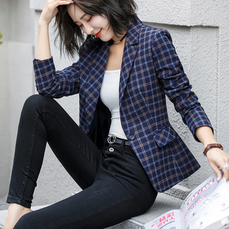 2024 New Plaid Jacket Vintage Plaid with Pocket Office Lady Casual Style Blazer Women Wear Single Button Suits Coat P342