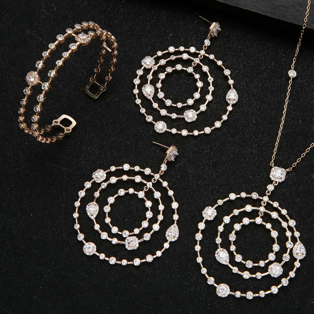 Exquisite Round Within Micro Paved Cubic Zirconia Big Drop Earrings For Bridal White gold colors Luxury Jewelry set D1439