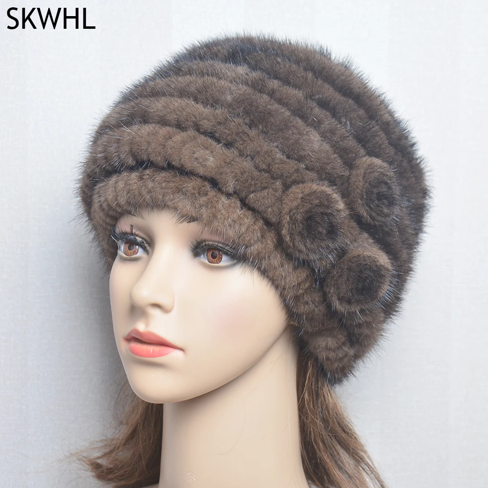 

Winter Luxury Women's Genuine Real Knitted Mink Fur Hat Female Winter Warm Ear Caps Fashion Headgear Natural Mink Fur Bomber Hat