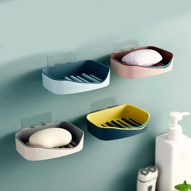 

Wall Mounted Self Adhesive Soap Dishes, Soap Sponge Dish, No Drilling Storage Box, Rack Shelf, Double Drain, Bathroom Holder