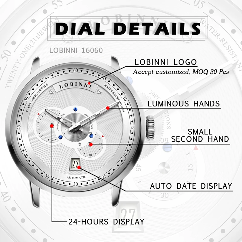 LOBINNI Luxury Stainless Steel Strap Automatic Men Watches Sapphire Glass Watchproof Mechanical Watches