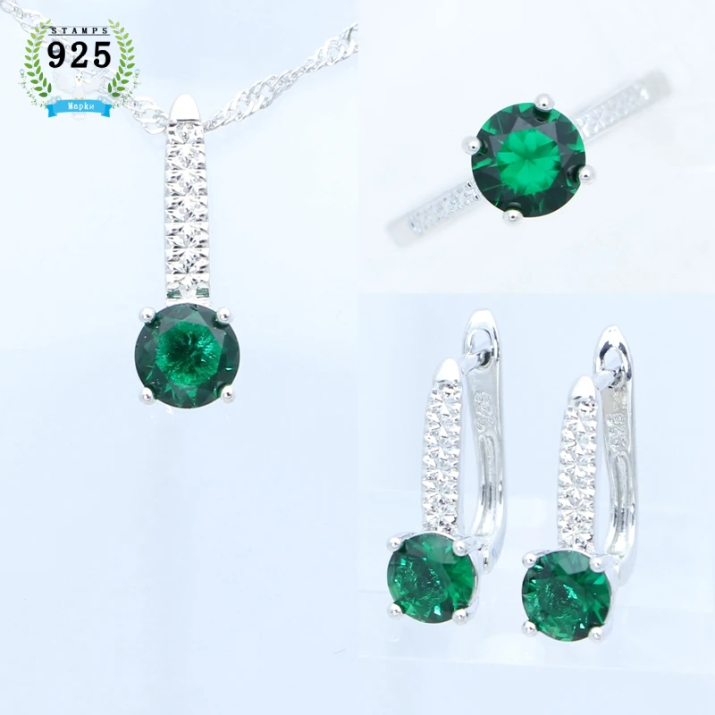 925 Silver Jewelry Set Natural Green Round Emerald Ring Earrings Pendant Necklace Open Ring for Woman Birthday Gift