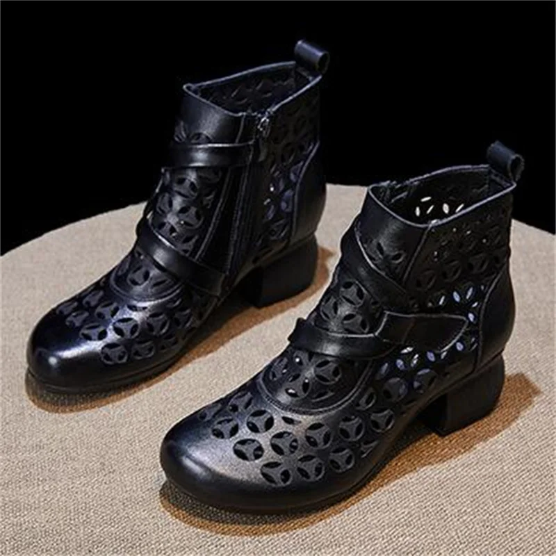 ZXRYXGS 2024 Top Cowhide Hole Hole Shoes Cool Boots Fashion Sandals Soft Sole Thick Heels Elegant Trendy Boots Women Shoes Boots