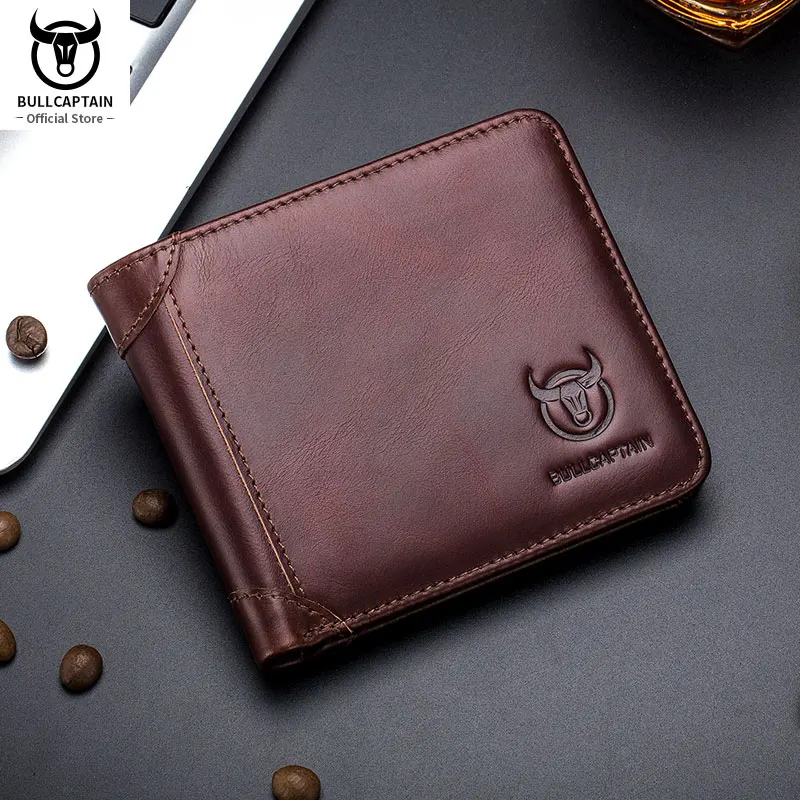 BULLCAPTAIN Free Print Photos Men's Genuine Leather Short Wallet 2021 New Simple Wallets RFID Small Mini Card Holder