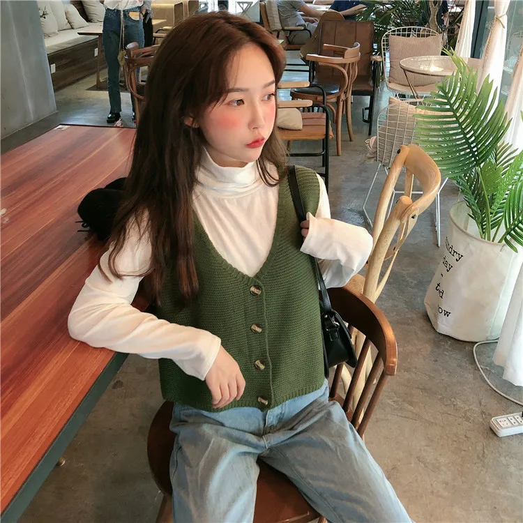 Vintage Sweater Vest Spring Autumn Winter V Neck Sleeveless Knitted Top Korean Ladies Girls Black White Green Red Yellow Vest